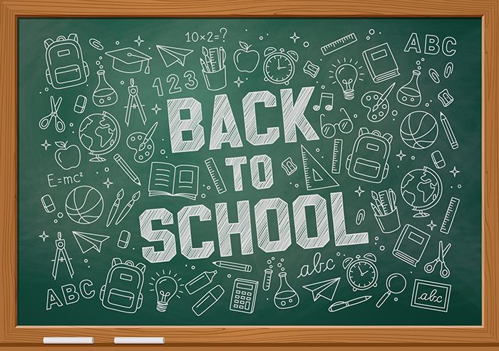 Back to school with green chalkboard background and icons of school items drawn on the blackboard with white chalk. vector illustration