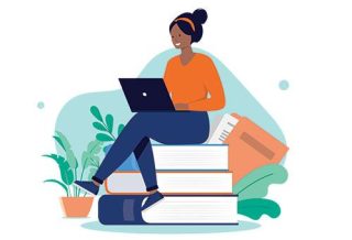 graphic of a woman sitting on top of books with a laptop