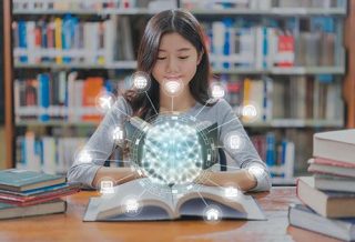 a woman reading a book in a library