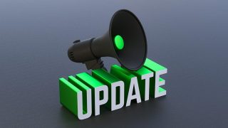 3D rendering features a megaphone positioned next to the text "Update" in bold, 3D letters.