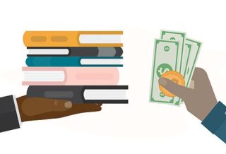graphic of a hand holding books and another with money