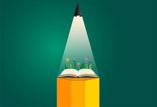 graphic of a pencil tip with a book and plants light up with the graphite tip serving as a light